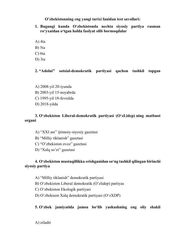 O’zbekistonning eng yangi tarixi fanidan test savollari (javoblarsiz)