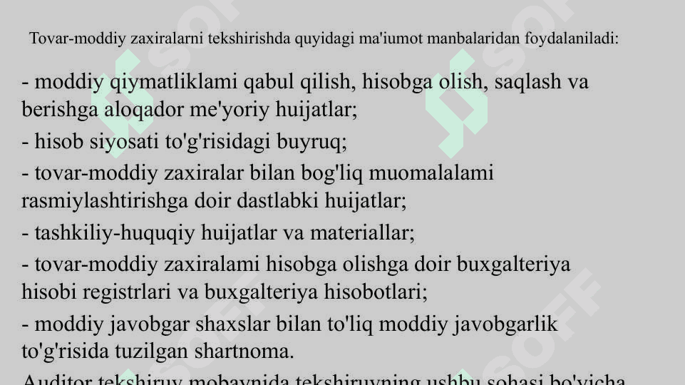 TOVAR MODDIY ZAXIRALARINI QABUL QILISH VA HISOBGA OLISH TO'G'RILIGINI TEKSHIRISH 8
