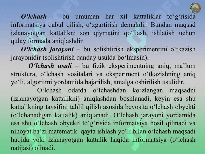 О‘lchash usullari va о‘lchash turlari. О‘lchash xatoligi 5