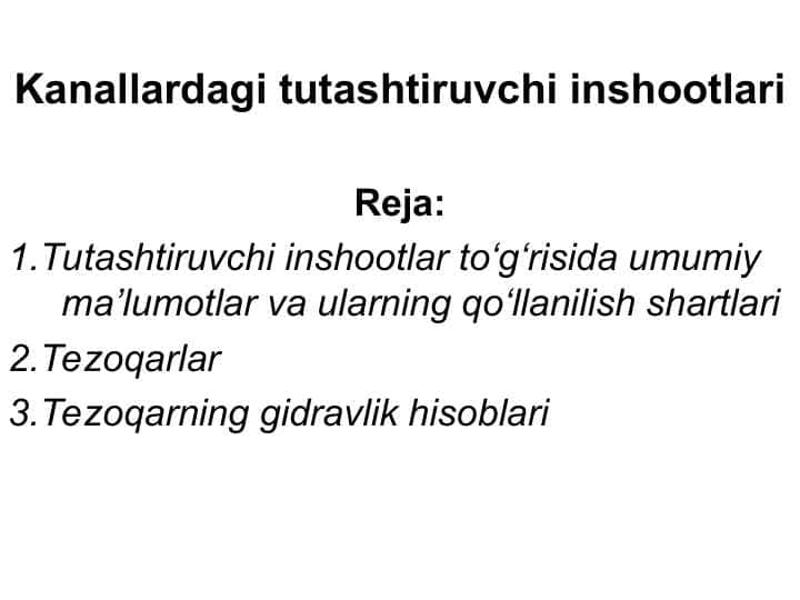 Kanallardagi tutashtiruvchi inshootlari