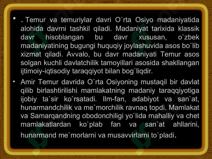 TEMUR VA TEMURIYLAR DAVRI ME’MORCHILIGI 3