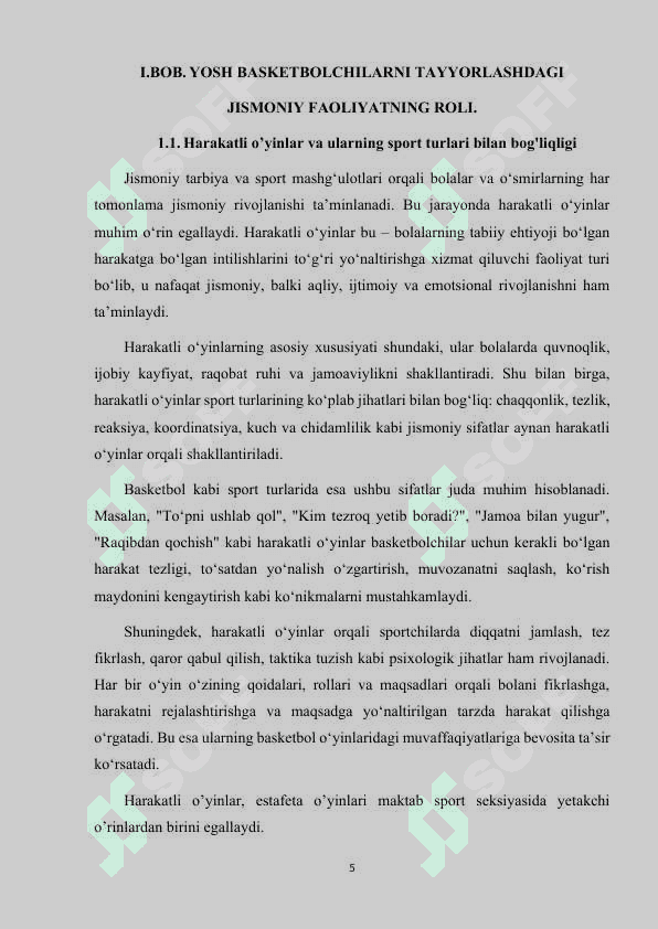 YOSH BASKETBOLCHILARNI TAYYORLASHDA JISMONIY VOSITA SIFATIDA HARAKATLI O’YINLARDAN FOYDALANISH USULLARI. 5