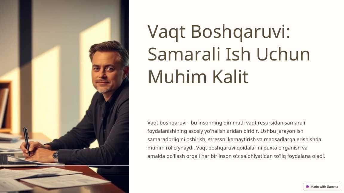 Vaqt Boshqaruvi: Samarali Ish Uchun Muhim Kalit