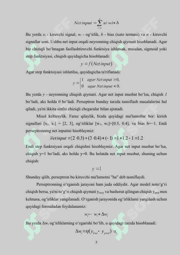 Eng sodda perseptronlar yordamida bashoratlash algoritmini ishlab chiqish 5