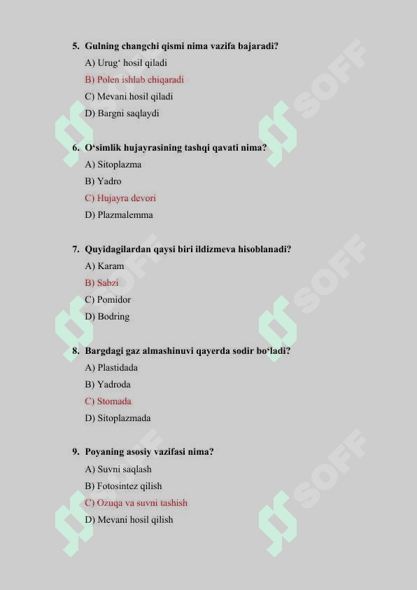 Botanika fanidan 50 test savollari  javoblari bilan 2