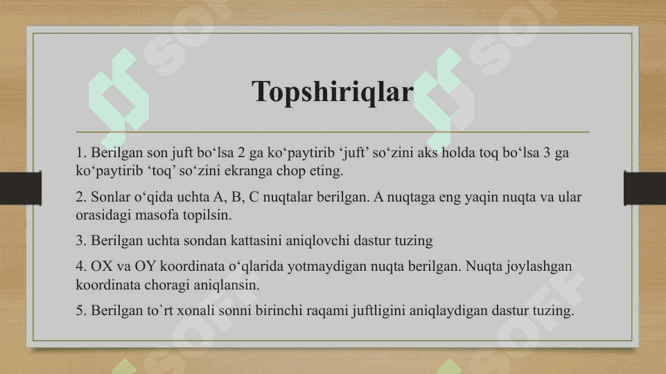 Python dasturlash tilida shartli o’tish operatorlariga doir masalalar tuzish 2