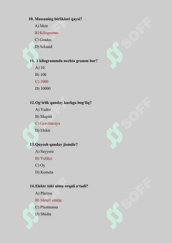 Fizika fanidan (boshlangʻich) 50 test savollari  javoblari bilan 3