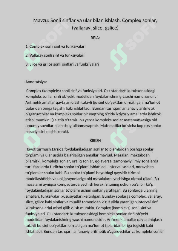 Sonli sinflar va ular bilan ishlash. Complex sonlar, (vallaray, slice, gslice) 2