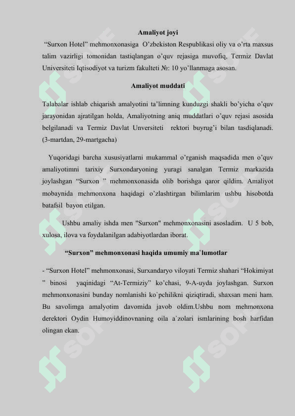 Termiz shahar Surxon hotel amaliyot hisoboti 5