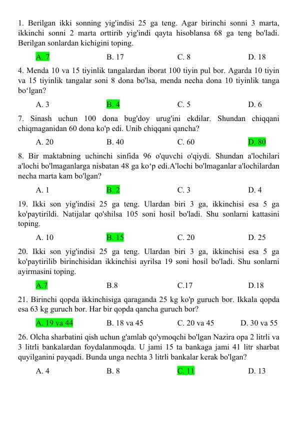 Tenglamalar sistemasiga doir test. Prezident maktabiga tayyorgarlik