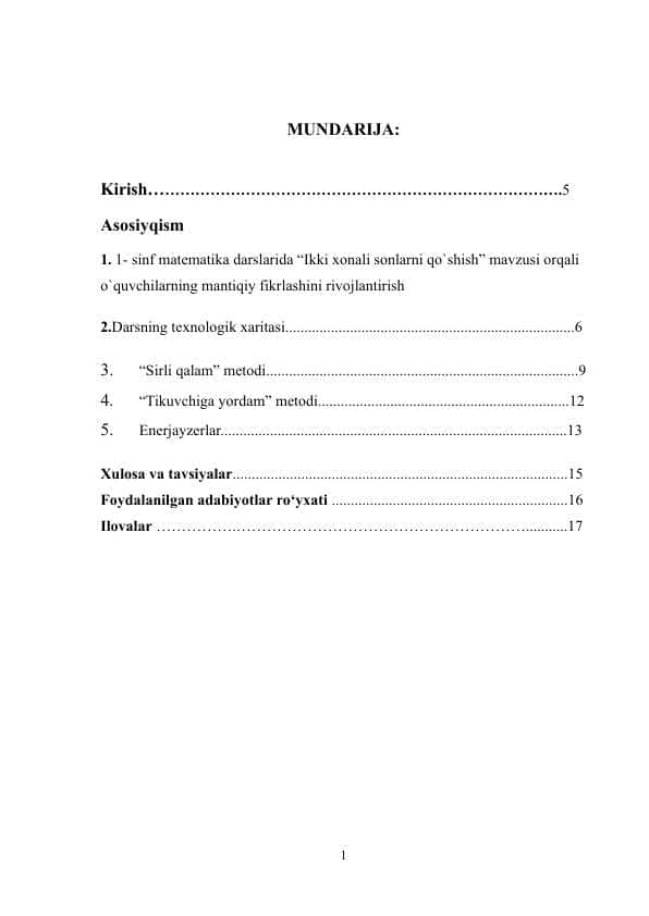 :1- sinf matematika darslarida “Ikki xonali sonlarni qo`shish” mavzusi orqali o`quvchilarning mantiqiy fikrlashini rivojlantirish