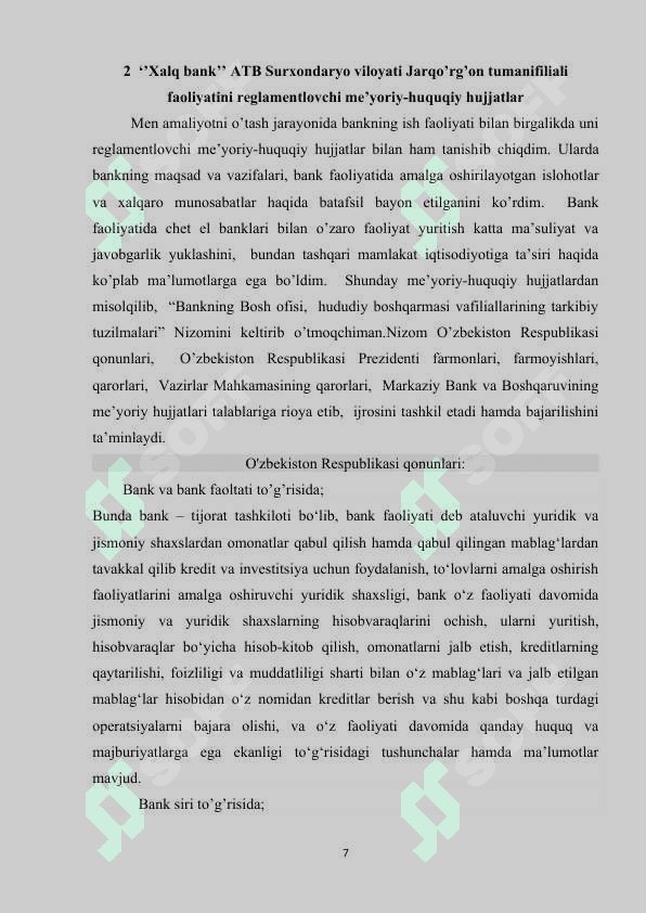 Xalq bank amaliyot hisoboti  Jarqo’rg’on tumani 7