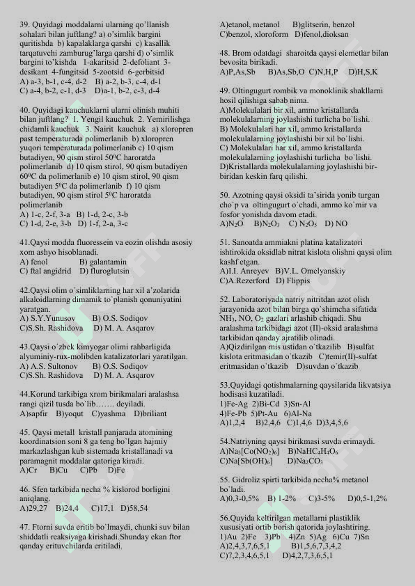 Kimyo fanidan 600 talik test 3