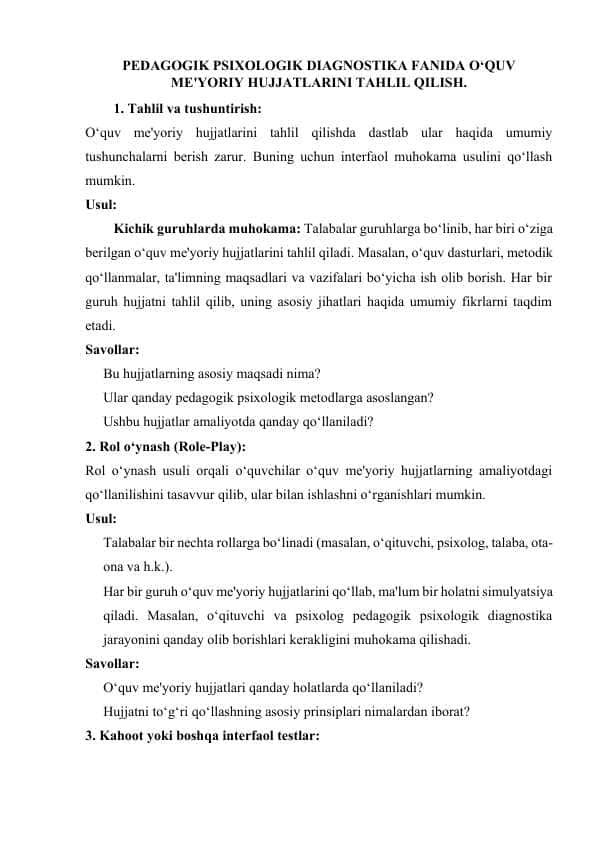 PEDAGOGIK PSIXOLOGIK DIAGNOSTIKA FANIDA O‘QUV ME'YORIY HUJJATLARINI TAHLIL QILISH.