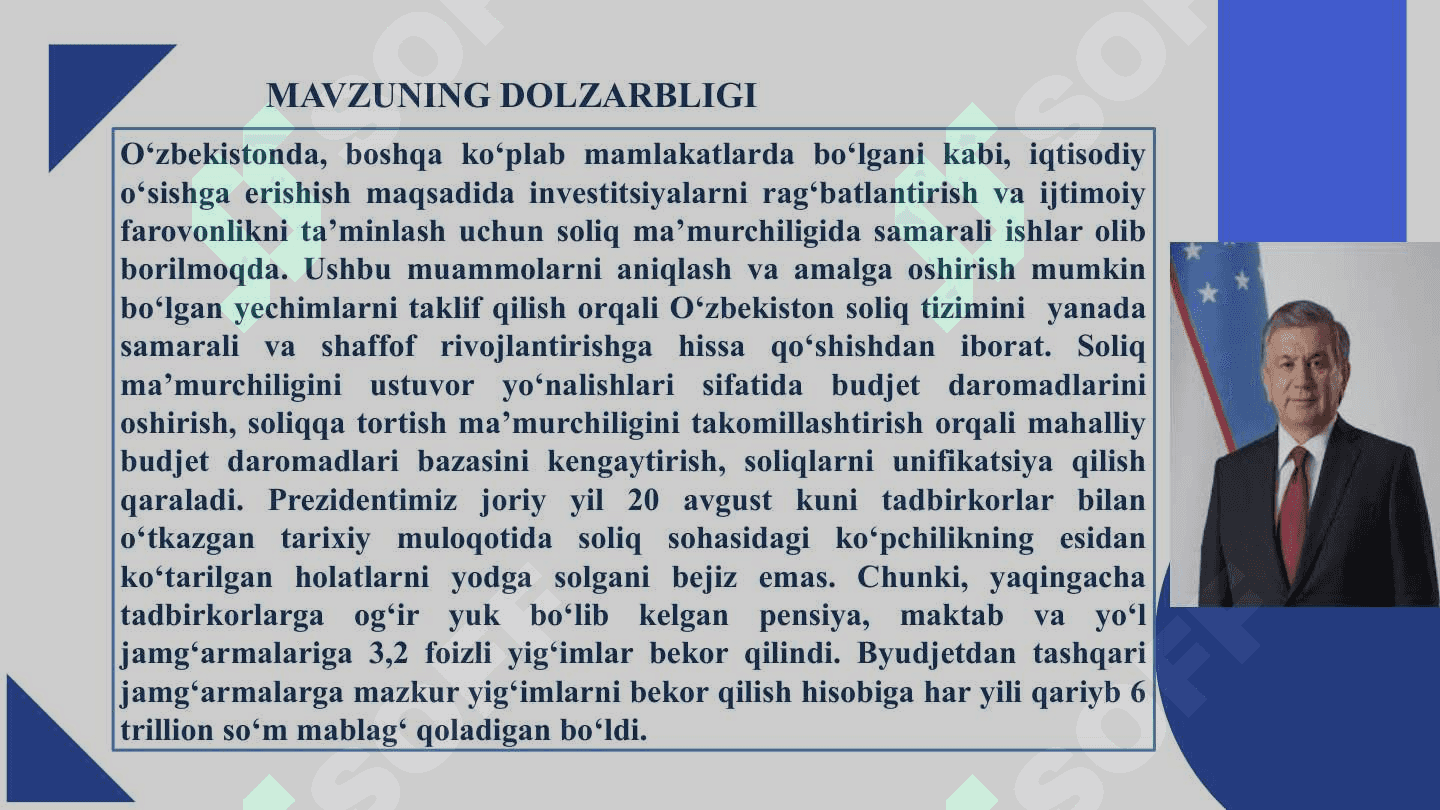 O'ZBEKISTONDA SOLIQ TIZIMINNI MODERINIZATSIYALASH:MOHIYAT, VA ISTIQBOLLARI 2