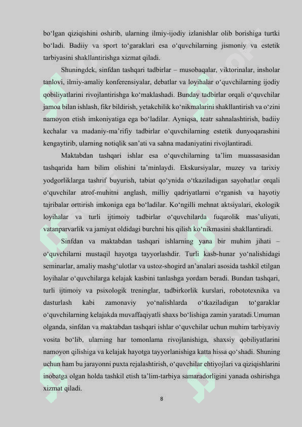 Sinfdan va maktabdan tashqari ishlarni tashkil qilishda ma'naviyat ishlari bo'yicha direktor o'rinbosarining ish metodikasi. 8