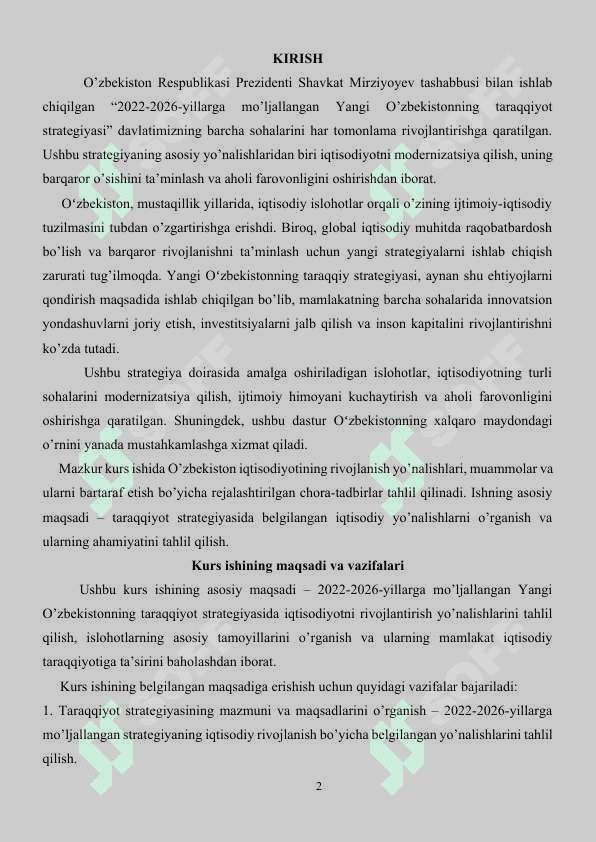 2022-2026-yillarga moʻljallangan Yangi Oʻzbekistonning taraqqiy strategiyasida iqtisodiyotni rivojlantirishning asosiy 2