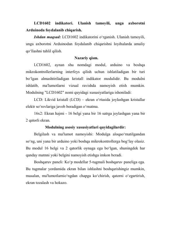 LCD1602 indikatori. Ulanish tamoyili, unga axborotni Arduinoda foydalanib chiqarish.