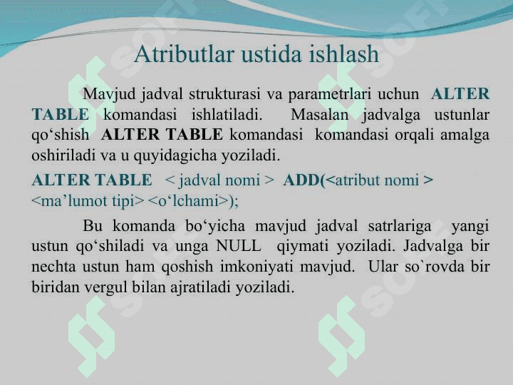 SQL tilida Ma`lumotlarni tavsiflash 3