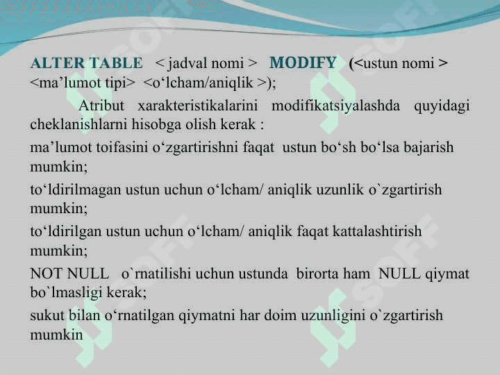 SQL tilida Ma`lumotlarni tavsiflash 5