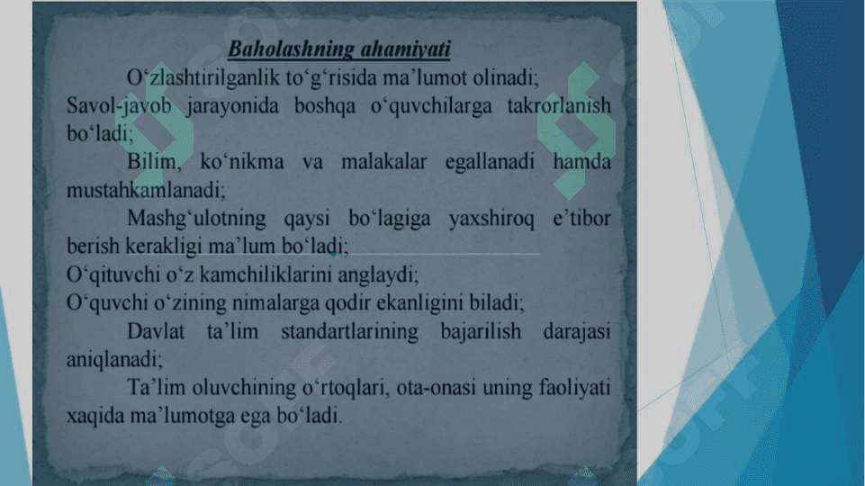Adabiy ta’limda o’quvchilar bilimini nazorat qilish va baholash 8
