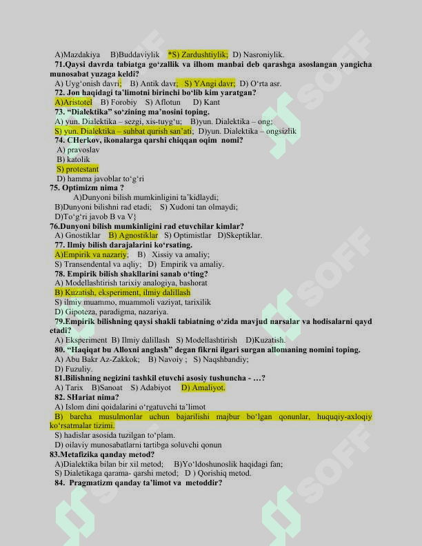 Falsafa fanidan test savollari va javoblari 7
