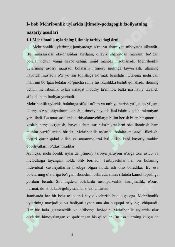 Mehribonlik uylaridagi ijtimoiy-pedagogik faoliyat mazmuni kurs ishi 6