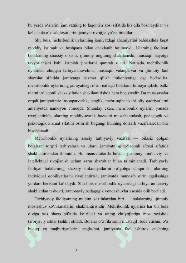 Mehribonlik uylaridagi ijtimoiy-pedagogik faoliyat mazmuni kurs ishi 8