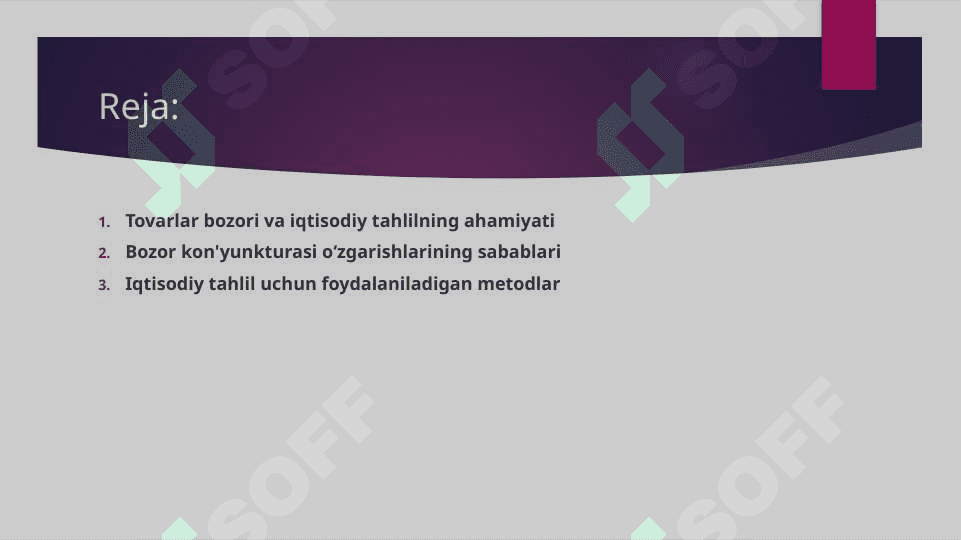 Tovarlar bozori konyunktura o‘zgarishlarini hisobga olgan holda iqtisodiy tahlilni amalga oshirish va asosiy ko‘rsatkichlarni prognozlash. 2