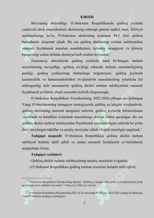 Oʻzbekiston Respublikasi qishloq aholisi mehnat salohiyatidan samarali foydalanish yoʻnalishlari. 2