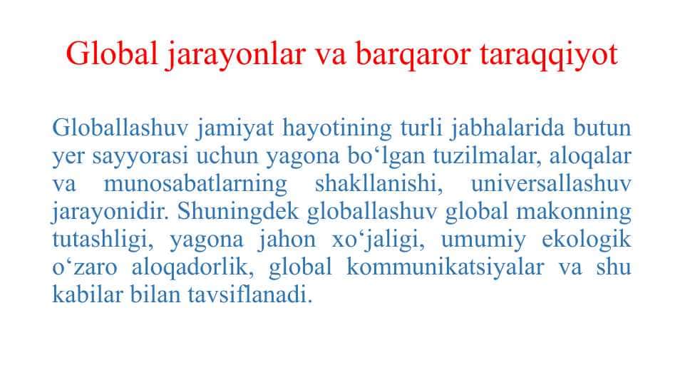 Global jarayonlar va barqaror taraqqiyot