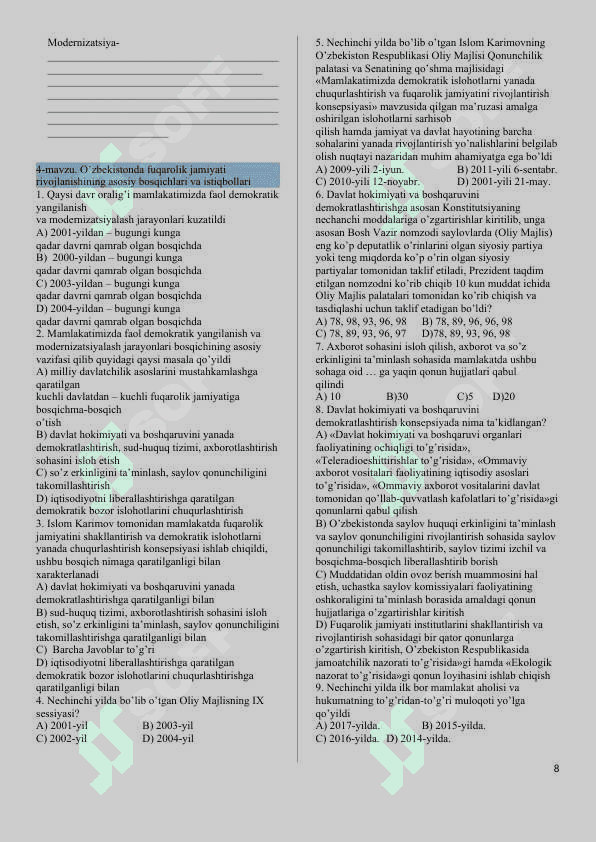 11-sinf O'zbekiston tarixi. Majburiy blok. Attestatsiya. 8