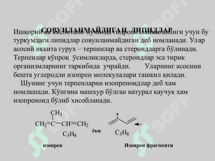 МАВЗУ :  ЛИПИДЛАР. СOВУНЛАНМАЙДИГАН  ЛИПИДЛАР. ТЕРПЕНЛАР ВА СТЕРОИДЛАР. 3