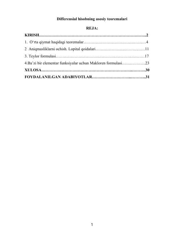 Differensial hisobning asosiy teoremalari