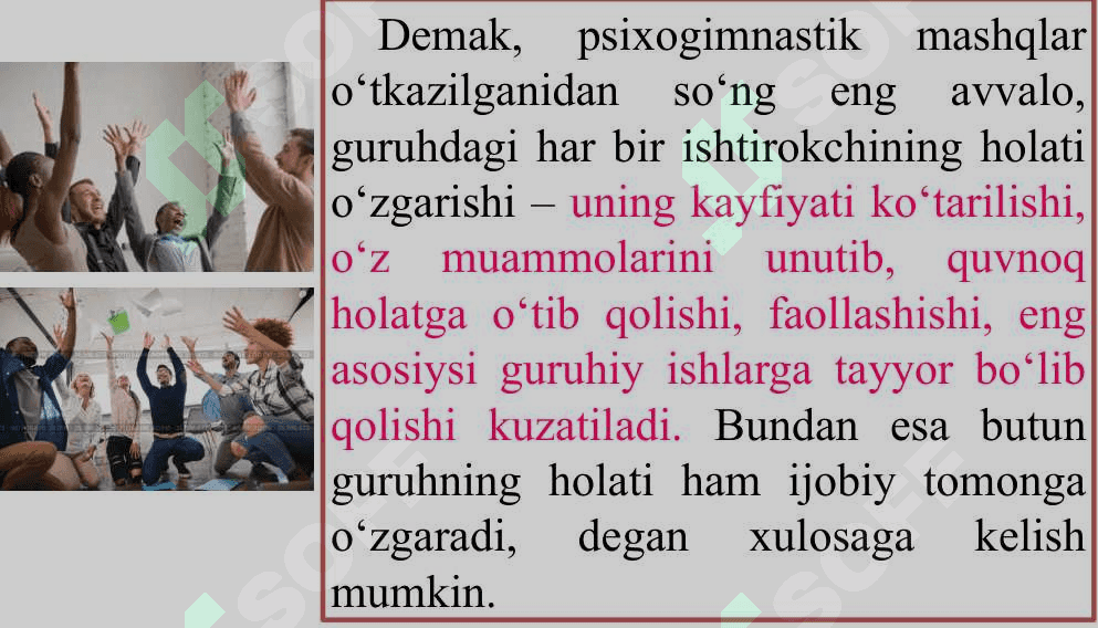 TRENING JARAYONIDA PSIXOGIMNASTIK	MASHQ USULI 8