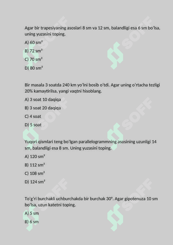 Matematika Majburiy Test 2025 7