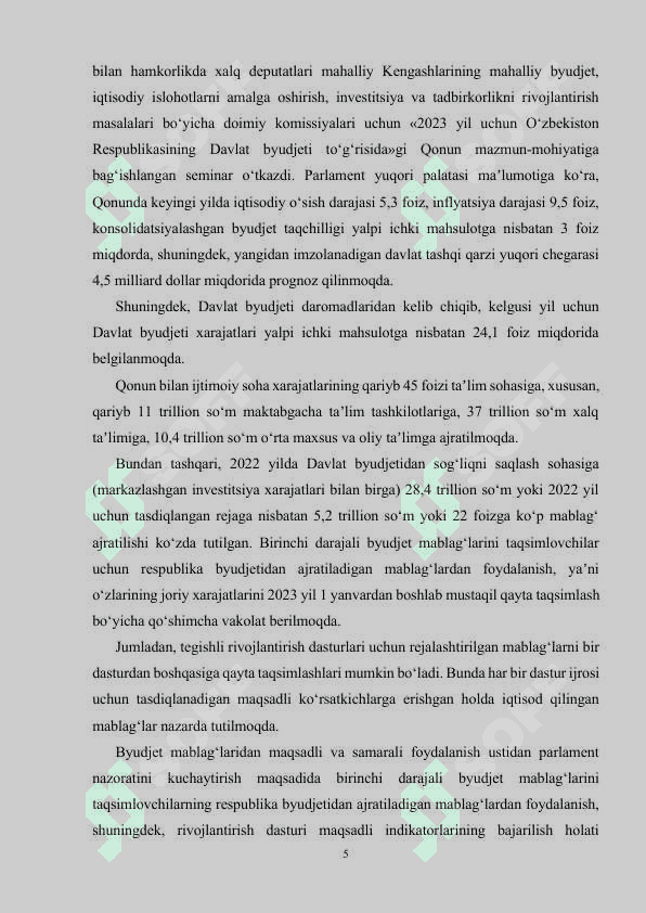 O’ZBEKISTON RESPUBLIKASING DAVLAT BUDJET XARAJATLARI TAHLILI 5