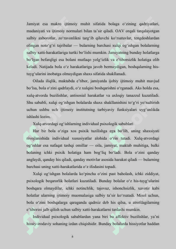 Xulqi og‘ishgan bolalarda shaxs rivojlanishining psixologik xususiyatlari mustaqil ish 6