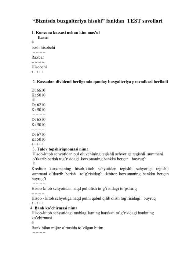 “Bizntsda buxgalteriya hisobi” fanidan  200 TEST savollari
