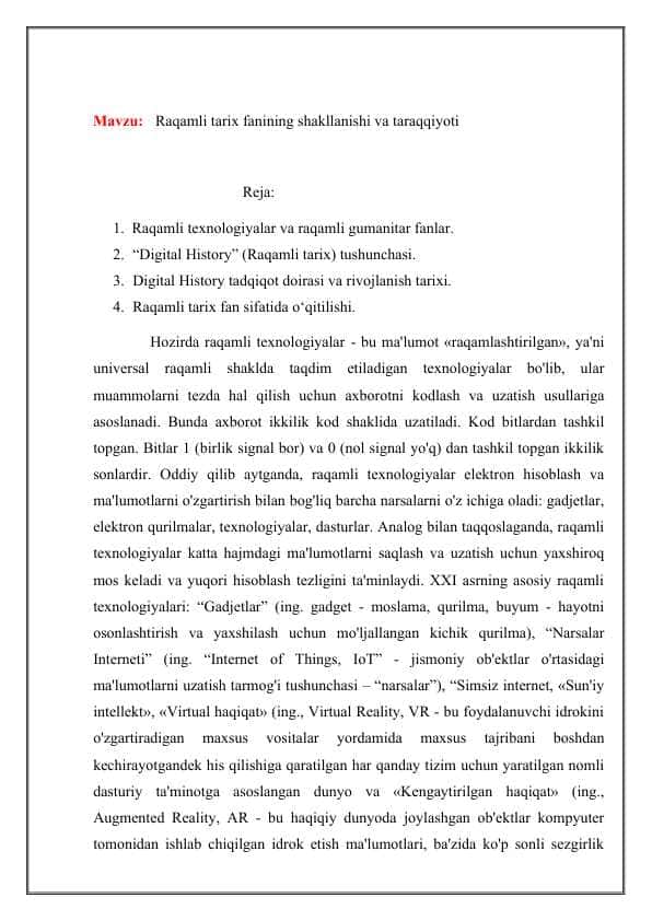 Raqamli tarix fanining shakllanishi va taraqqiyoti