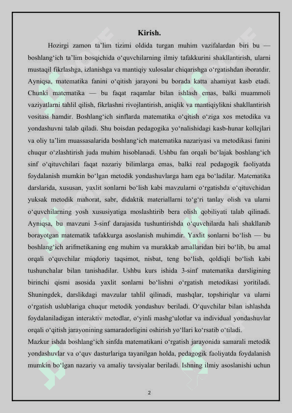 Yaxlit sonlarni bo’lishni o’rgatish metodikasi     (3-sinf matematika darsligining birinchi qismi). 2