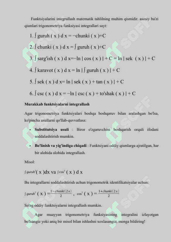 Trgonametirik funksiyalarni Integrallash 3