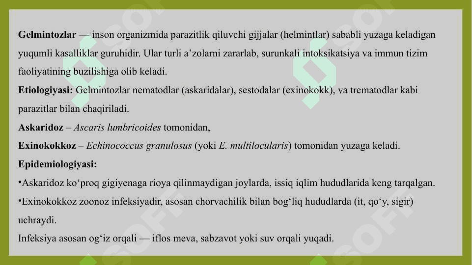 Gelmintozlar askaridoz, exinokokkoz. Gelmintozlarning etiologiyasi, epidemiologiyasi, kasalliklarining klinik belgilari, laborator tekshirish usullari, davosi va profilaktikasi. - Гельминтозлар аскаридоз, эхинококкоз. Гельминтозларнинг этиологияси, эпидемиологияси, касалликларининг клиник белгилари, лаборатор текшириш усуллари, давоси ва профилактикаси. 3