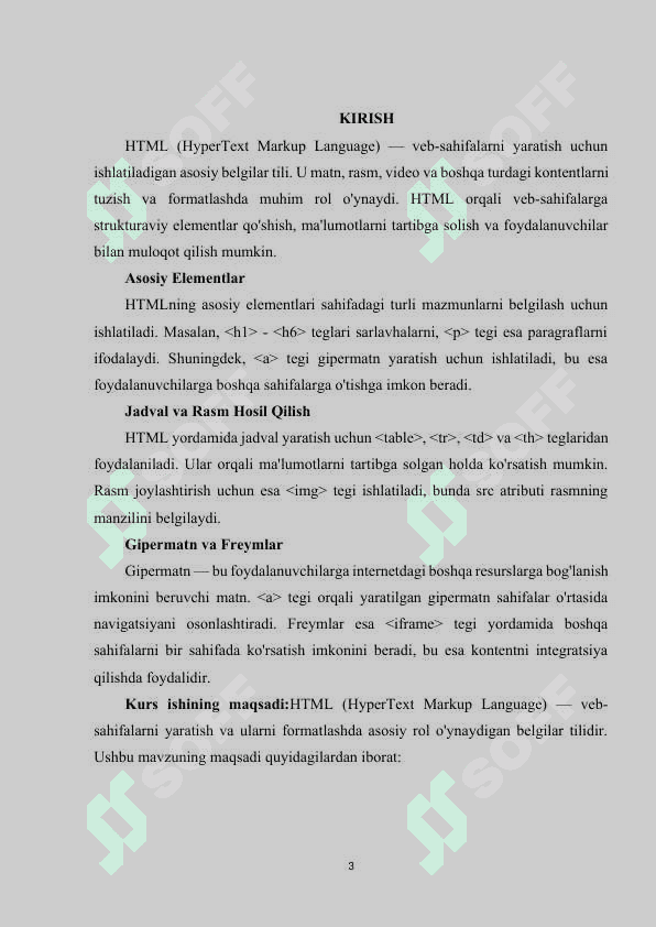 HTML tili, uning asosiy elementlari. Jadval va rasm hosil qilish. Gipermatn va freymlar joylashtirish 2