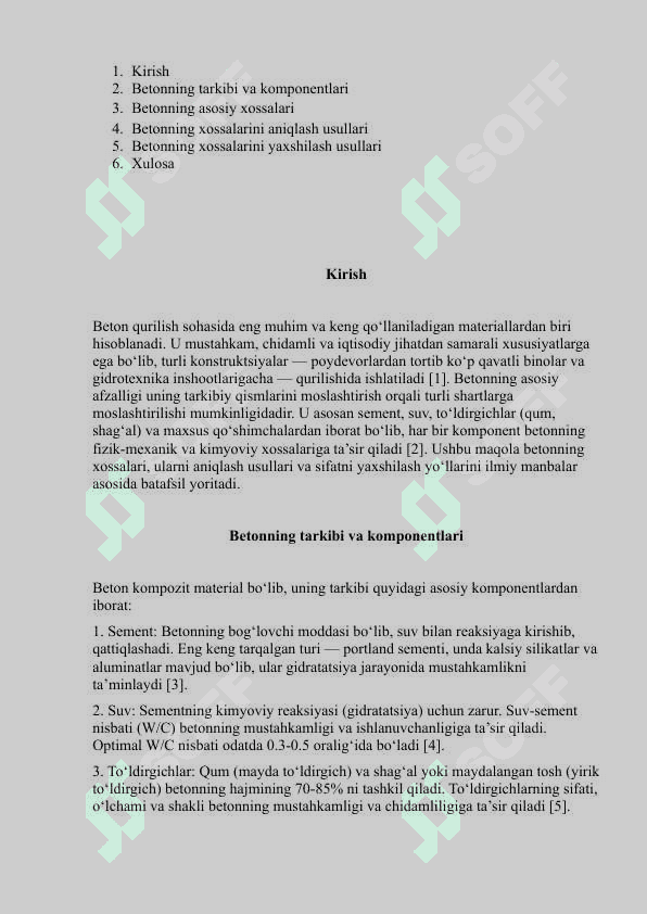 Kurilsh materiallarini xossalari va ulari aniqlashni usullari (Beton va uning komponentlari misolda) 2
