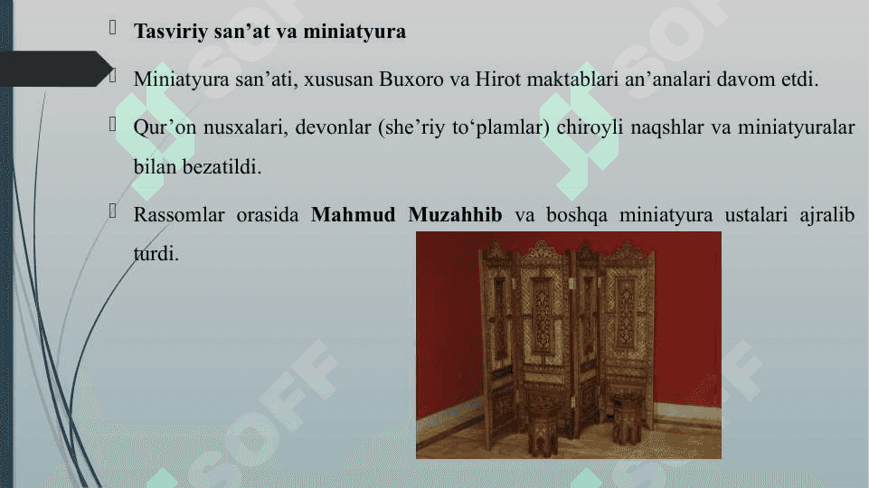 XVI-XIX ASRLAR O'ZBEKISTON SAN'ATI 4