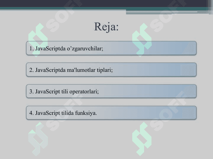 JavaScriptda ma’lumotlar tiplari va o’zgaruvchilar bilan ishlash 2
