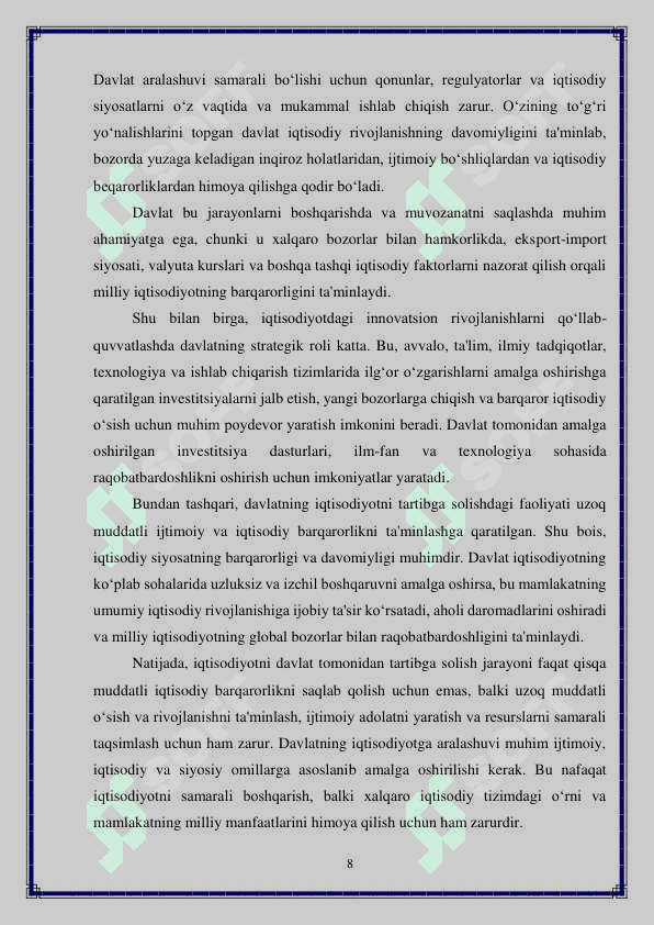 Iqtisodiyotni davlat tomonidan tartibga solishning mohiyati, shakllari va usullari 8