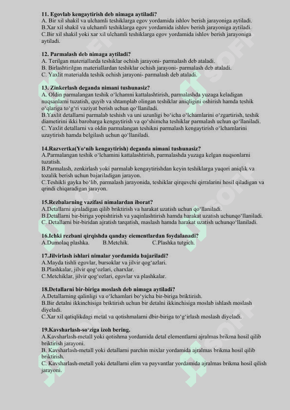 Chilangarlik ishlaridan nazorat savollari 2