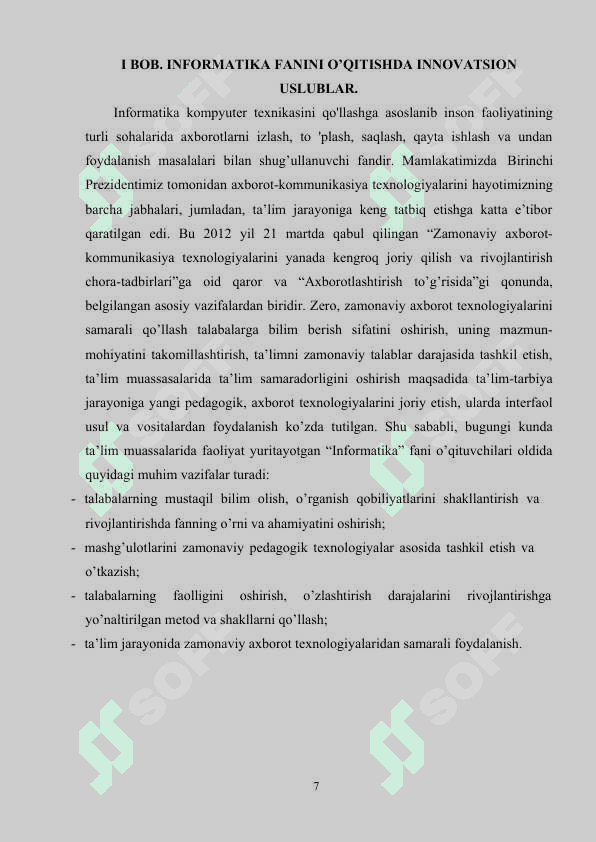 Informatika fanini o’qitishda innovatsion uslublarni ishlab chiqish va ularni dars jarayoniga tadbiq etish 7